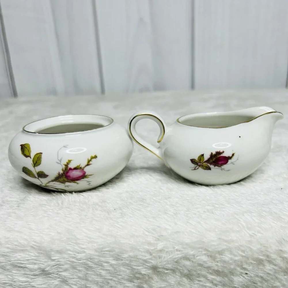 Eschenbach Bavaria Germany Moss Rose Demitasse Teacup Saucers Cream and Sugar